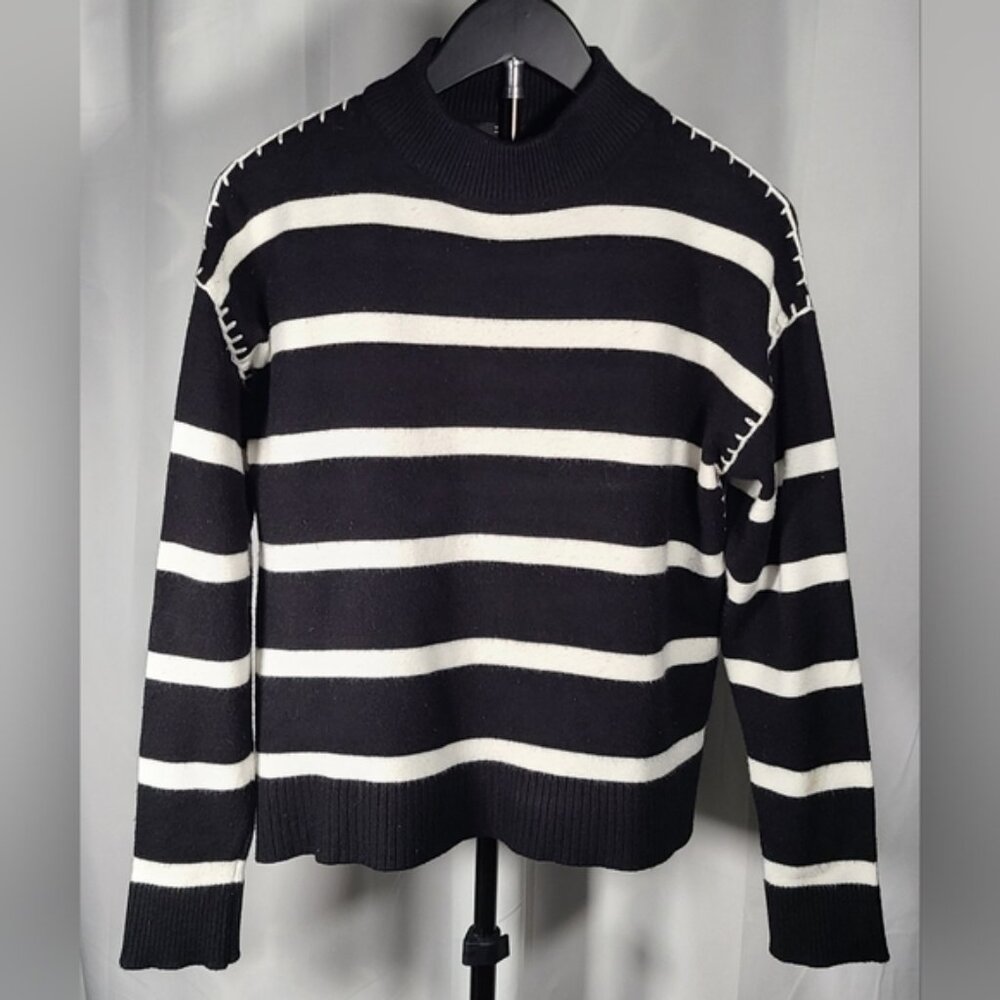 Tahari Black and White Striped Turtleneck Sweater